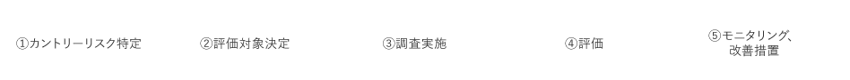 ①カントリーリスク特定　②評価対象決定　③調査実施　④評価　⑤モニタリング、改善措置